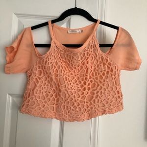 LF Cropped Pink Crochet Cold Shoulder Top